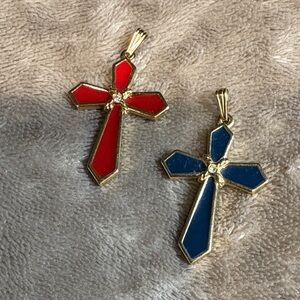 Elegant Gold Cross Pendant Set - Red and Blue with rhinestone
